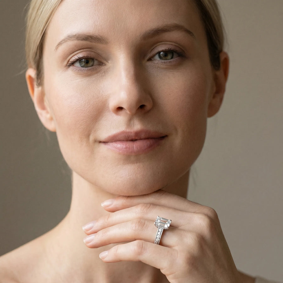 White gold Emerald Solitaire Pavé Diamond Milgrain Engagement Ring with Four-Prong Setting