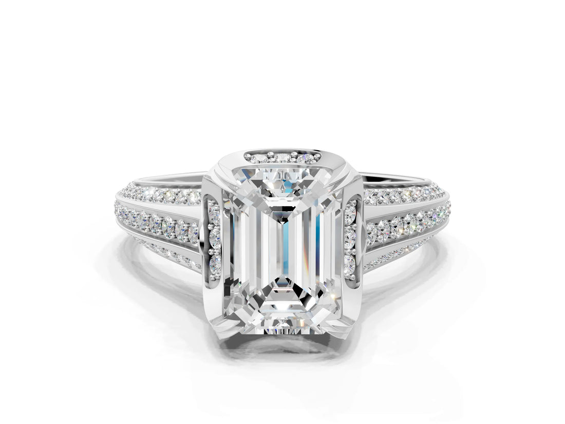 White gold Emerald Solitaire Pave Split Shank Ring with Four-Prong Setting_81