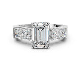 White gold Emerald Solitaire Princess Side Stone Engraved Band Prong Setting Ring_3