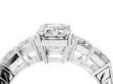 White gold Emerald Solitaire Princess Side Stone Engraved Band Prong Setting Ring_7