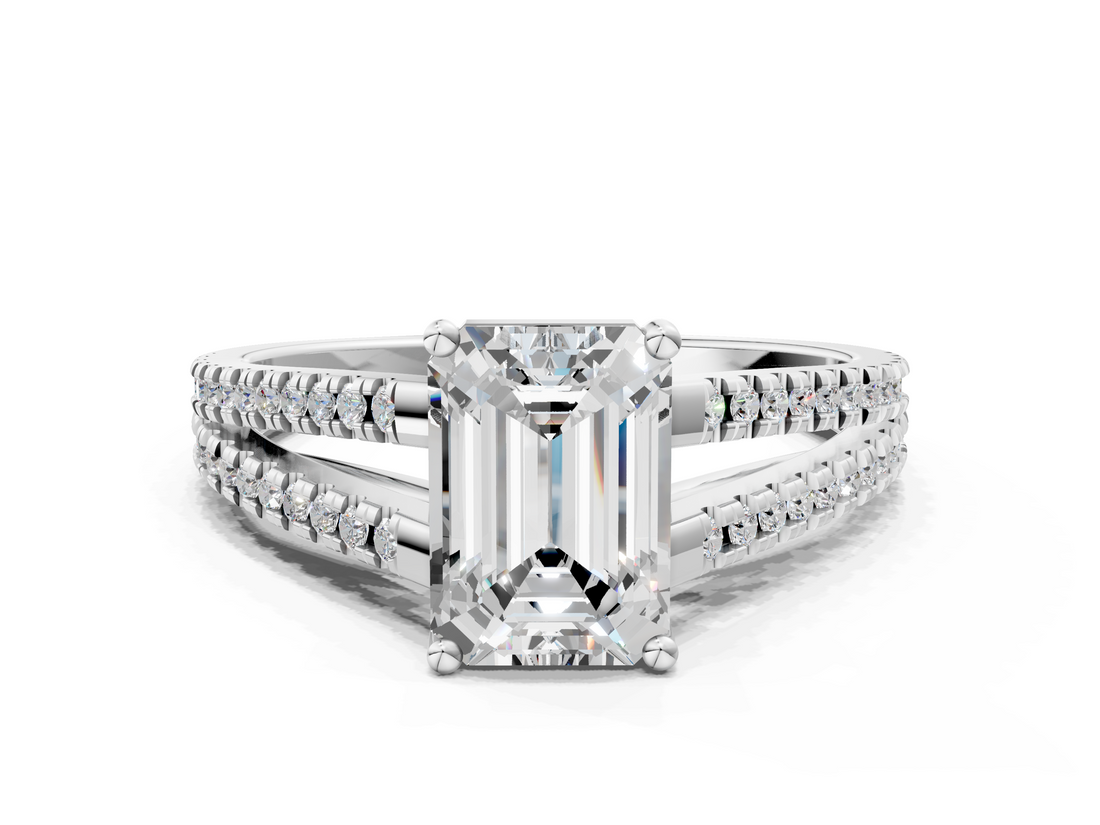 White gold Emerald Solitaire Split Shank Pavé Diamond Engagement Ring_376