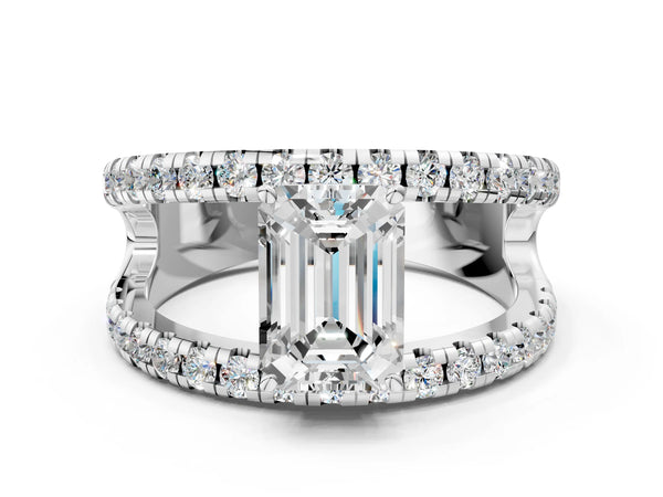 White gold Emerald Solitaire Split Shank Pave Diamond Ring