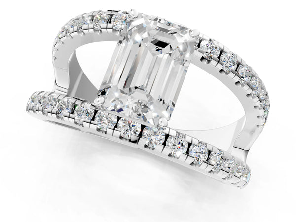 White gold Emerald Solitaire Split Shank Pave Diamond Ring