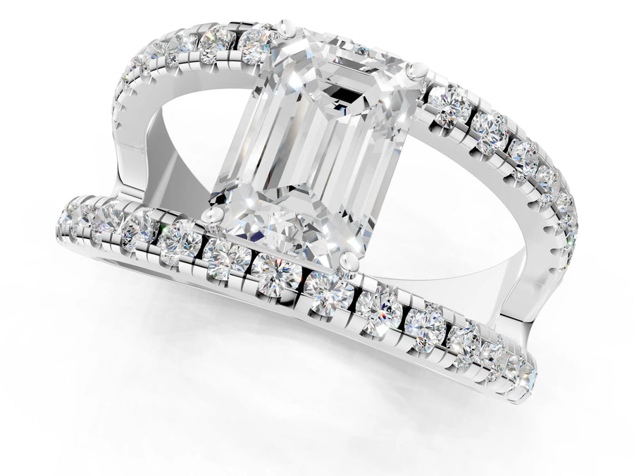 White gold Emerald Solitaire Split Shank Pave Diamond Ring