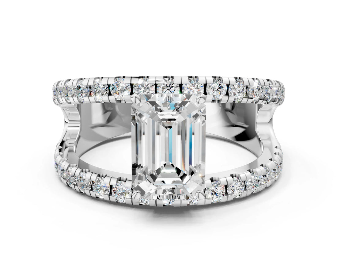 White gold Emerald Solitaire Split Shank Pave Diamond Ring_73