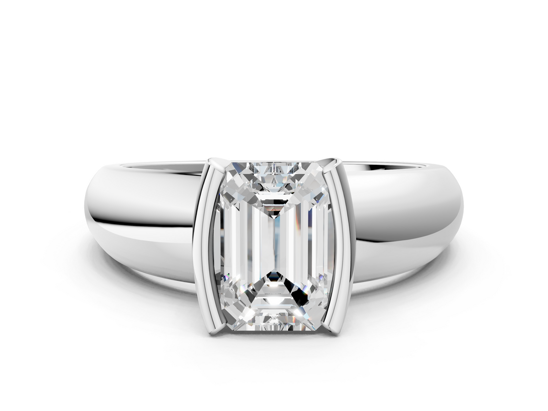 White gold Emerald Solitaire Tension Set Diamond Ring with Wide Band_20
