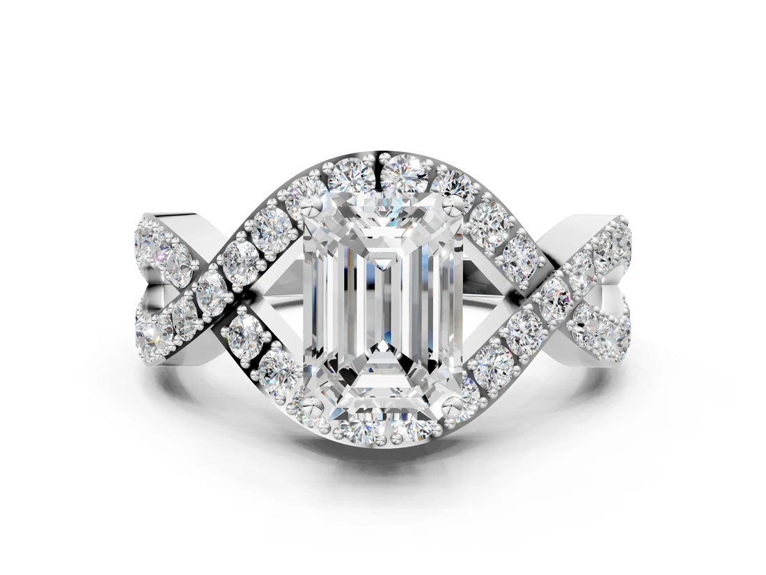 White gold Emerald Solitaire Twist Band Pavé Diamond Engagement Ring_32