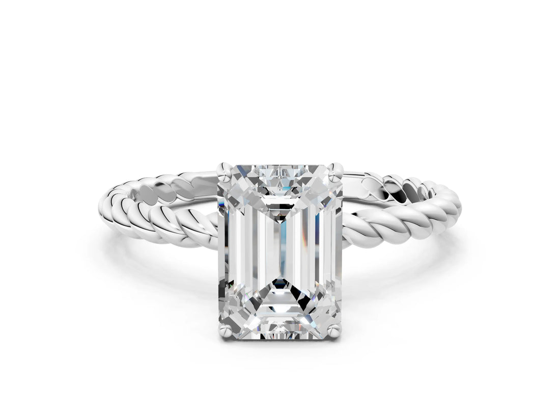White gold Emerald Solitaire Twist Band Ring with Four-Prong Setting_92
