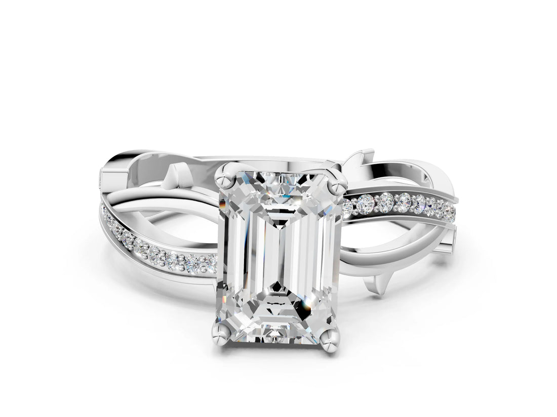 White gold Emerald Solitaire Twist Band with Pavé Accents and Four-Prong Setting_20
