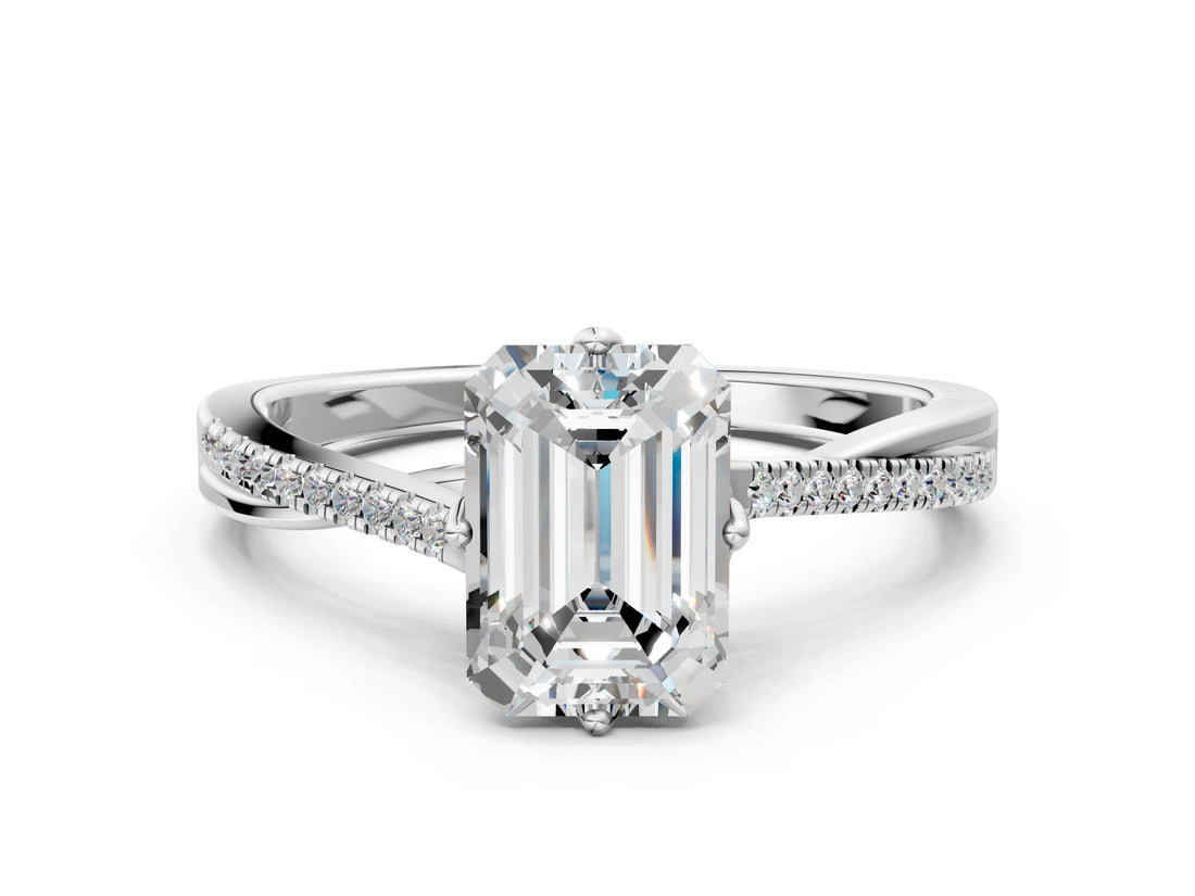 White gold Emerald Solitaire Twist Band with Pavé Diamonds and Four-Prong Setting_76