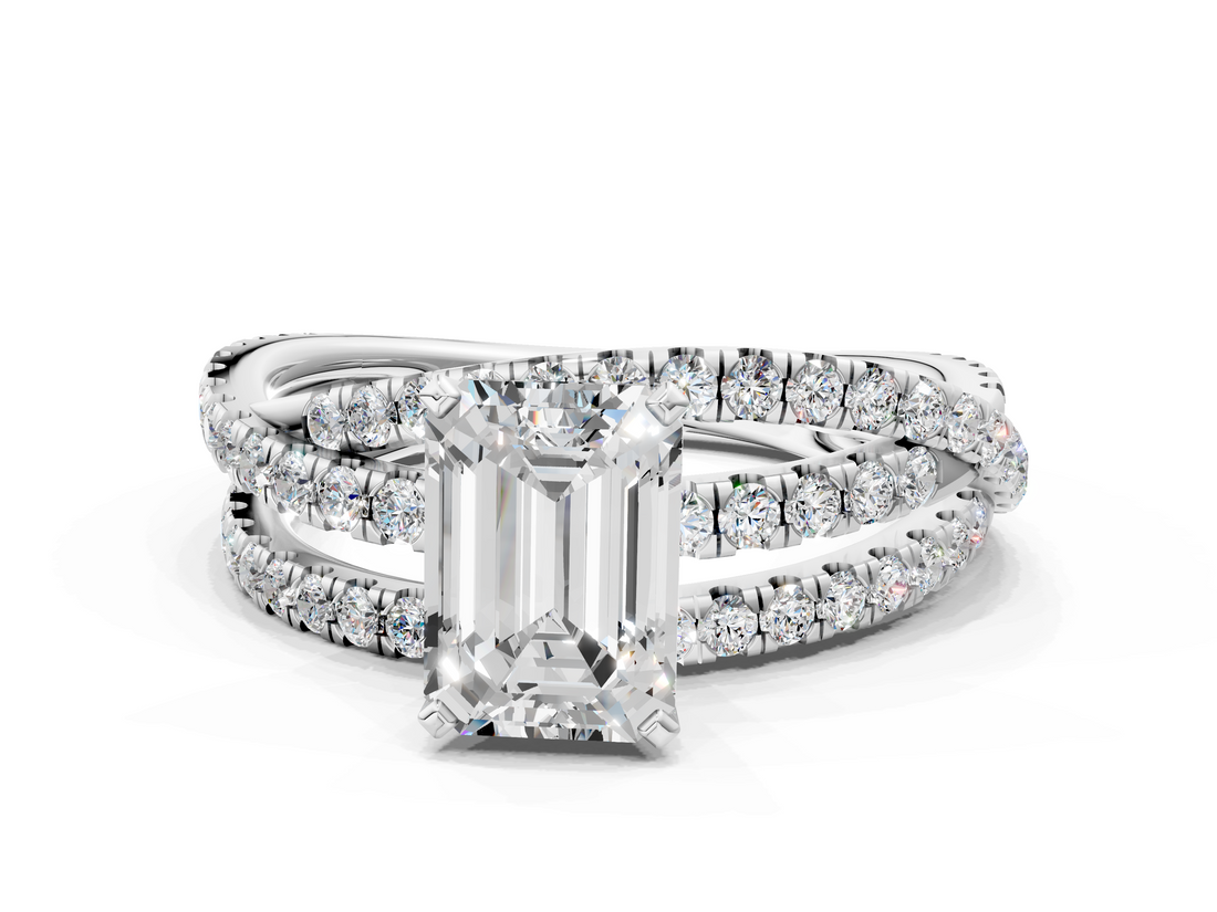 White gold Emerald Solitaire Twist Band with Pavé Setting and Four-Prong Setting_174