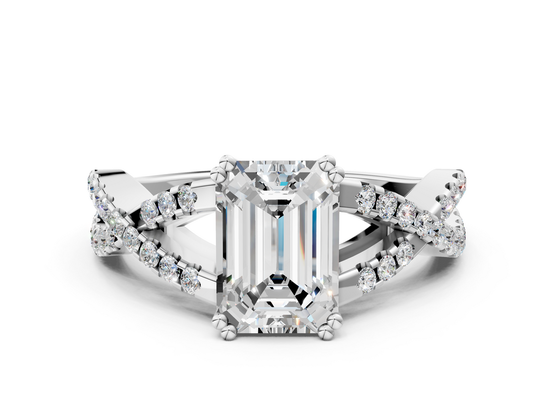 White gold Emerald Solitaire Twist Band with Pavé Setting and Four-Prong Setting_47