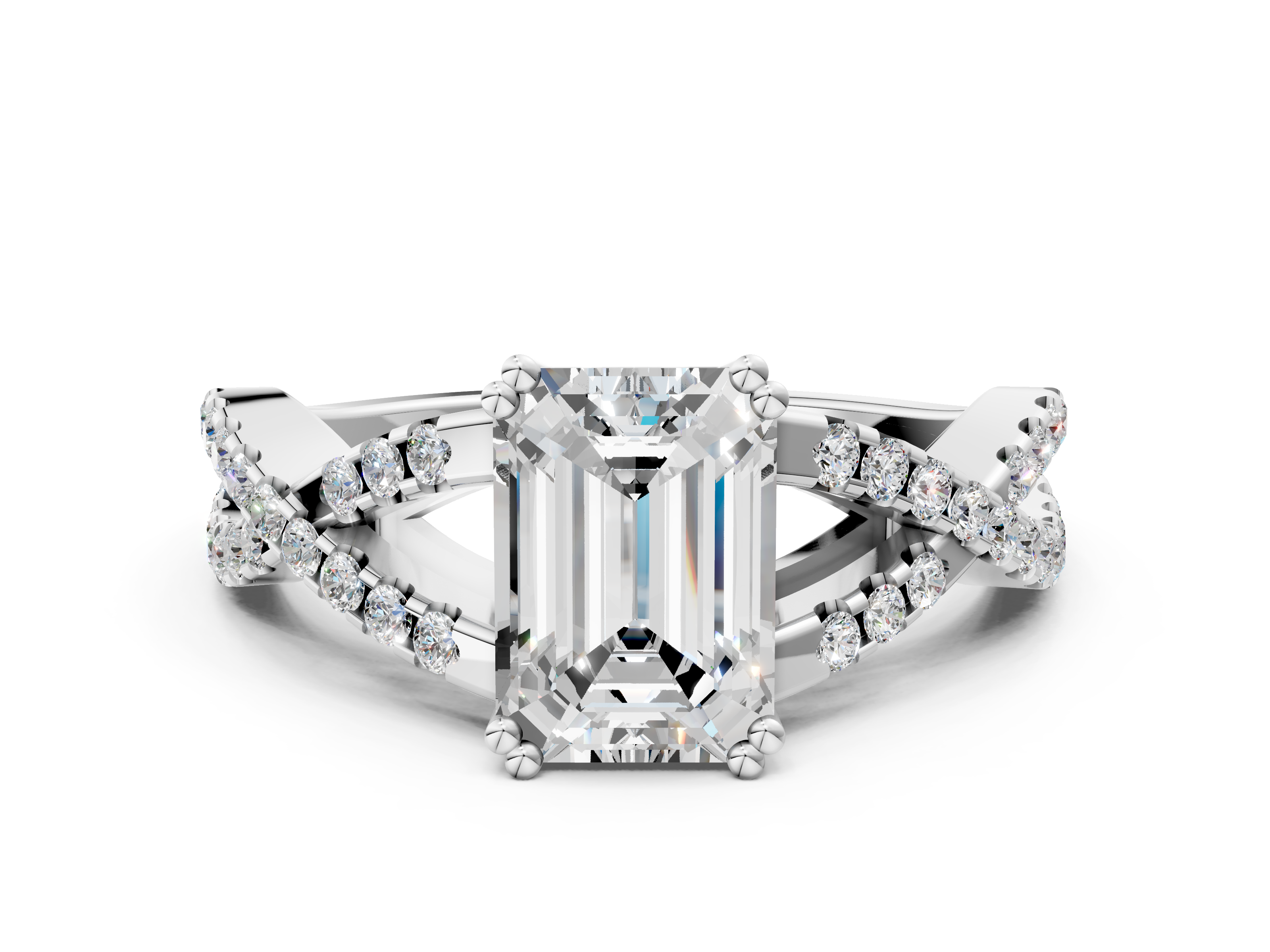 White gold Emerald Solitaire Twist Band with Pavé Setting and Four-Prong Setting_51