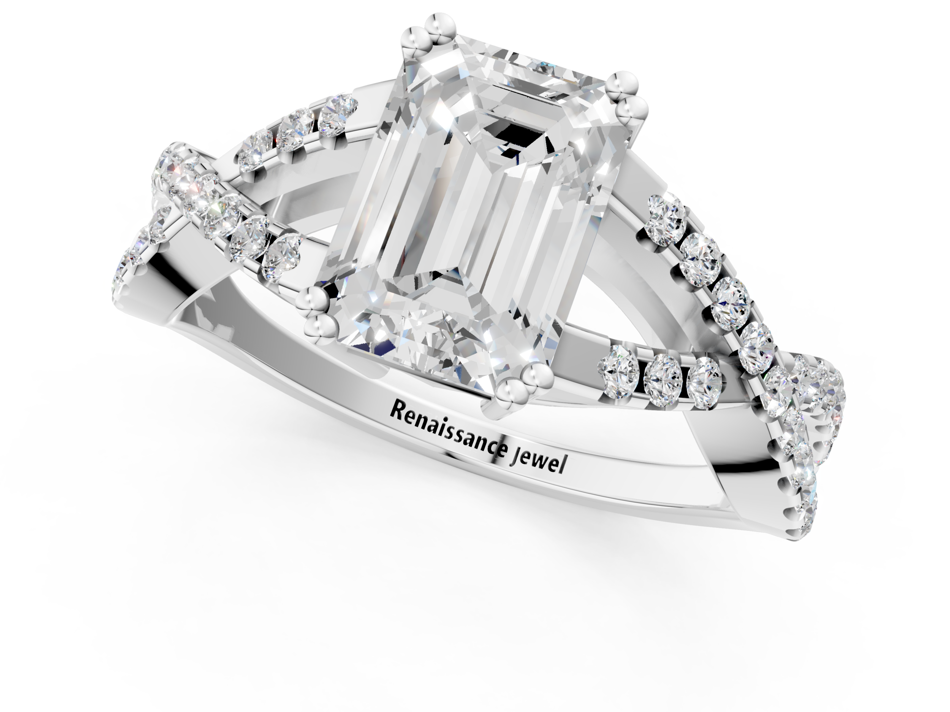 White gold Emerald Solitaire Twist Band with Pavé Setting and Four-Prong Setting_52