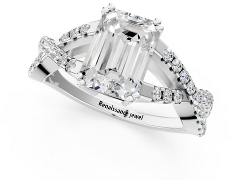 White gold Emerald Solitaire Twist Band with Pavé Setting and Four-Prong Setting_52