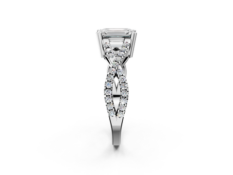 White gold Emerald Solitaire Twist Band with Pavé Setting and Four-Prong Setting_53