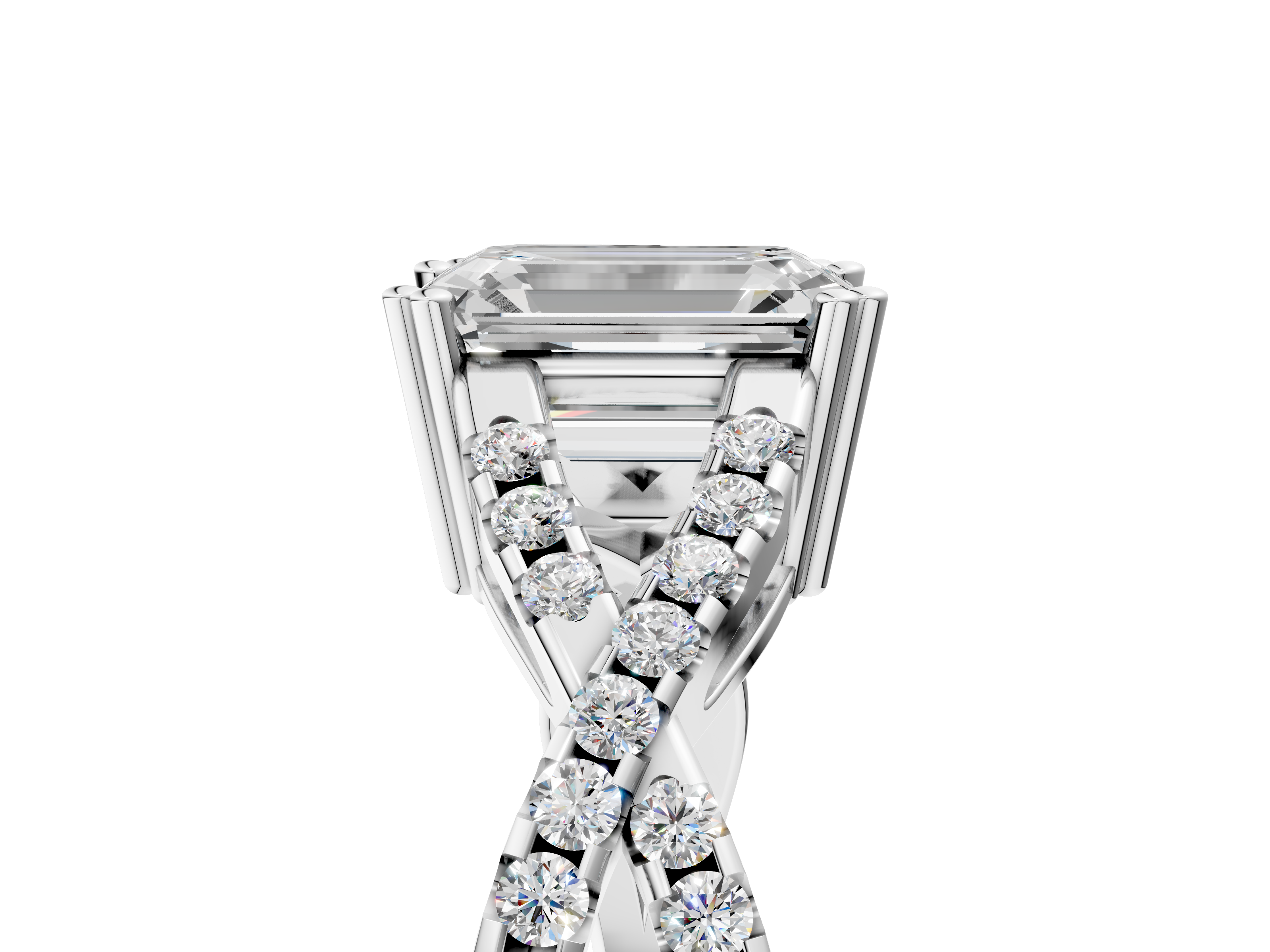 White gold Emerald Solitaire Twist Band with Pavé Setting and Four-Prong Setting_56