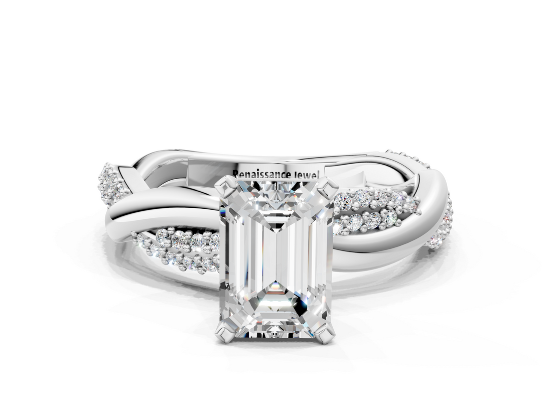 White gold Emerald Solitaire Twist Band with Pave Prong Setting_80