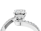 White gold Emerald Solitaire Twist Band with Pave Set Diamonds and Four-Prong Setting_144