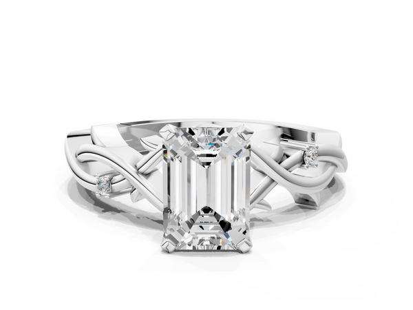 Platinum Emerald Cut Solitaire Engagement Ring Setting with Vine Twist Band, Leaf Curls and Accents