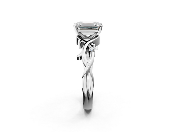 Platinum Emerald Cut Solitaire Engagement Ring Setting with Vine Twist Band, Leaf Curls and Accents
