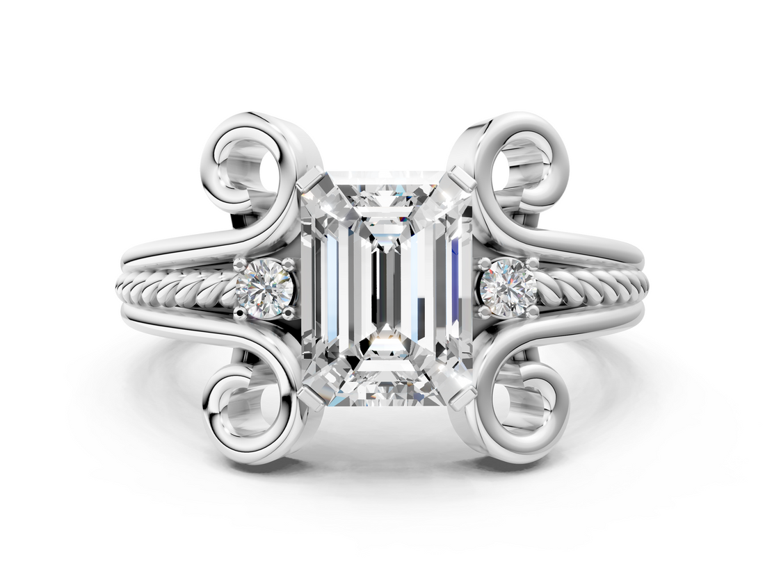 White gold Emerald Solitaire Twisted Band Scroll Prong Ring_3