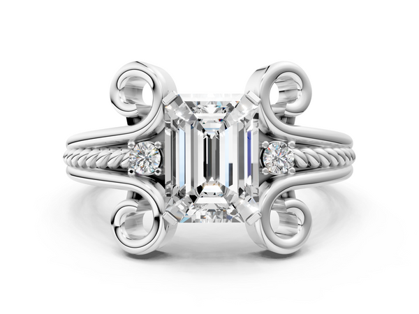 White gold Emerald Solitaire Twisted Band Scroll Prong Ring