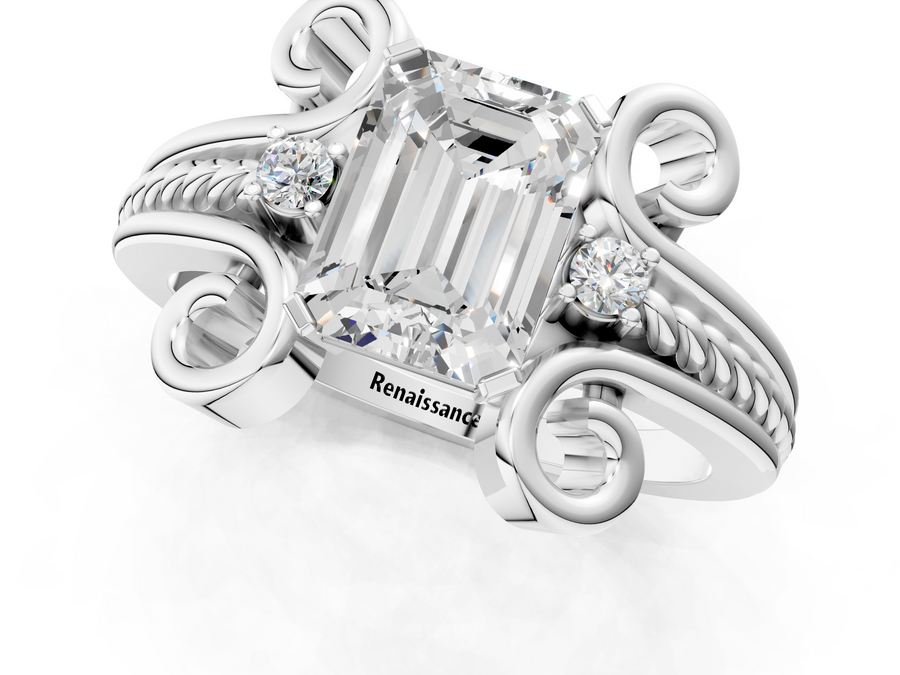 White gold Emerald Solitaire Twisted Band Scroll Prong Ring