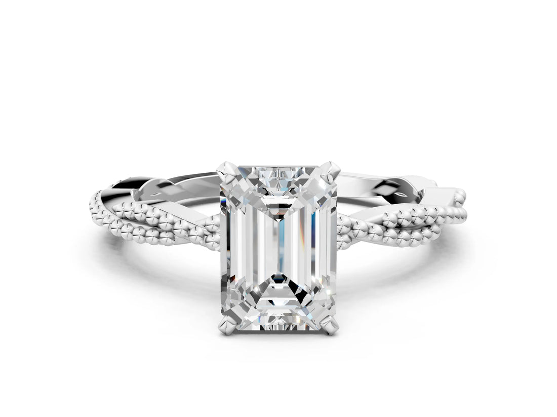 White gold Emerald Solitaire Twisted Band with Bead Prong Setting_369