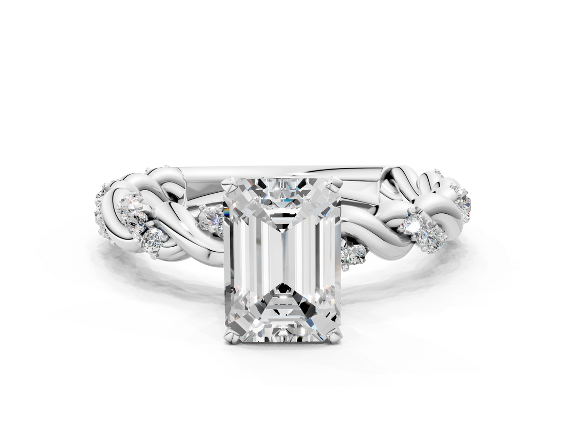 10K White Gold 1.08 Carat F VVS2 Emerald Diamond Solitaire Ring with Twisted Band and Pavé Accents