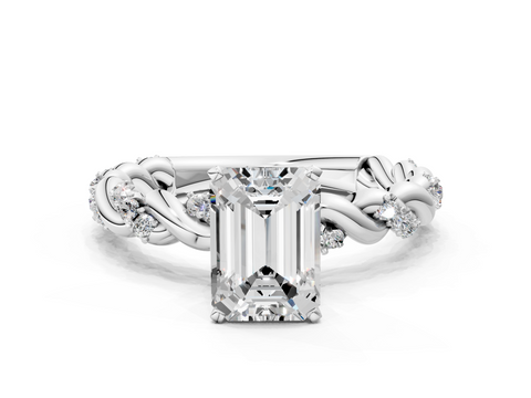 10K White Gold 1.08 Carat F VVS2 Emerald Diamond Solitaire Ring with Twisted Band and Pavé Accents