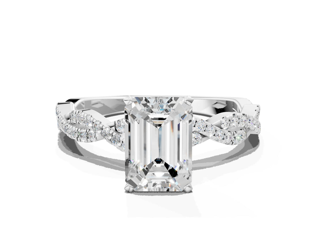 White gold Emerald Solitaire Twisted Pave Band with Four-Prong Setting_38