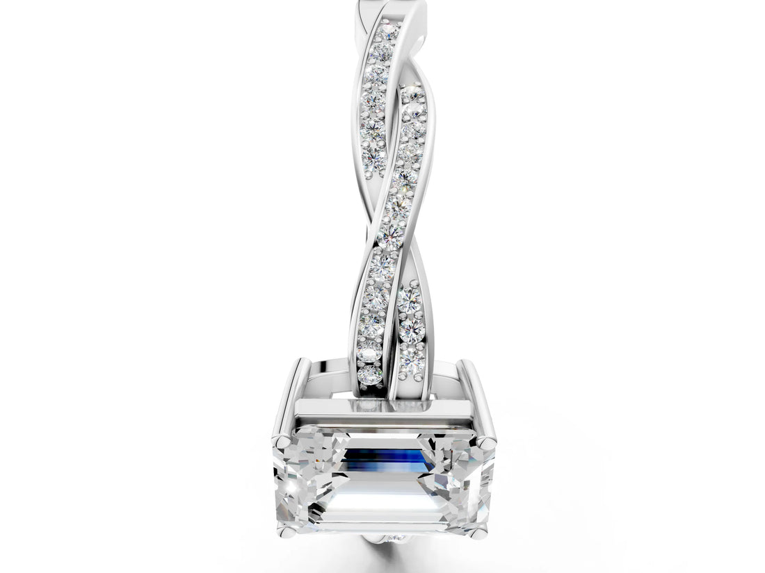 White gold Emerald Solitaire Twisted Pave Diamond Ring with Four-Prong Setting_12