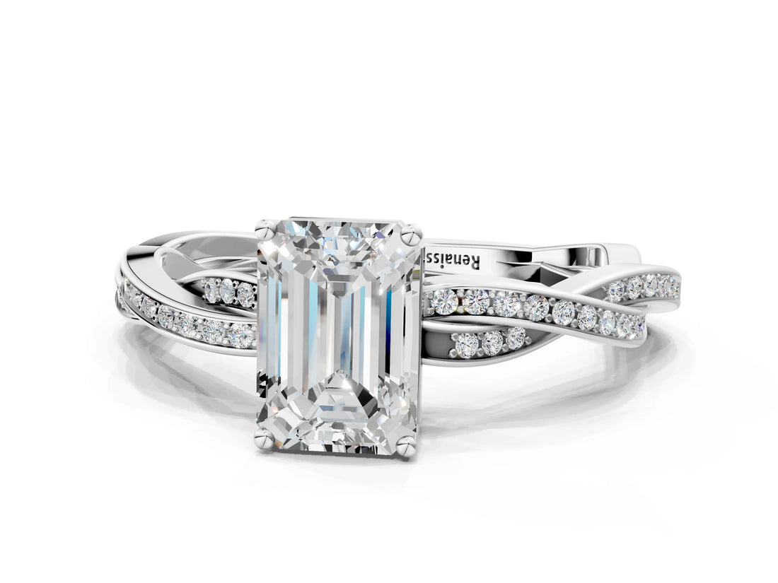 White gold Emerald Solitaire Twisted Pave Diamond Ring with Four-Prong Setting_92