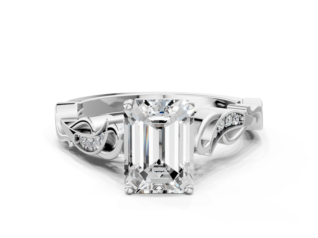 White gold Emerald Solitaire Vine Band with Milgrain Prong Setting_24