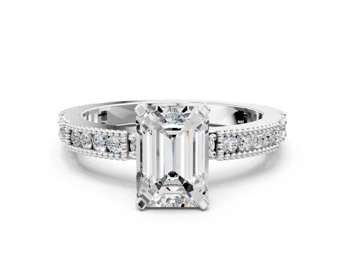 White gold Emerald Solitaire with Pavé Band and Four-Prong Setting_365