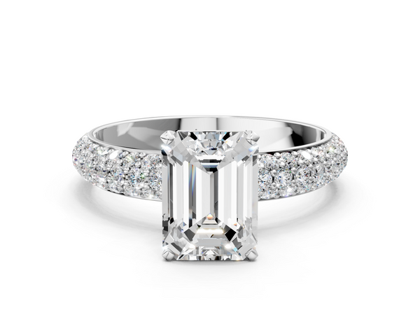 White gold Emerald Diamond Solitaire Ring with Prong Setting and Pavé Band
