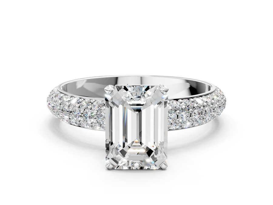 White gold Emerald Diamond Solitaire Ring with Prong Setting and Pavé Band