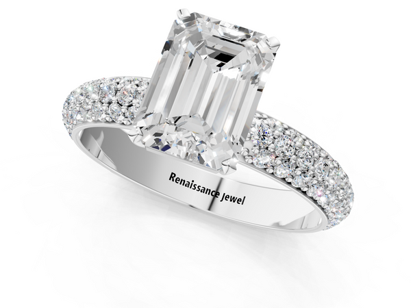 White gold Emerald Diamond Solitaire Ring with Prong Setting and Pavé Band