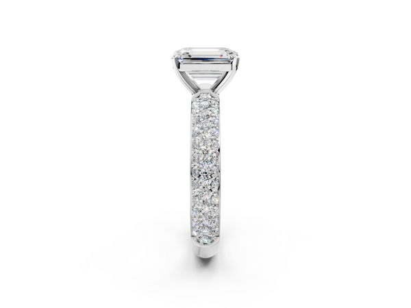 White gold Emerald Diamond Solitaire Ring with Prong Setting and Pavé Band