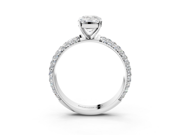 White gold Emerald Diamond Solitaire Ring with Prong Setting and Pavé Band