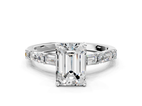 White gold Emerald Solitaire with Side Baguettes and Channel Set Band_100