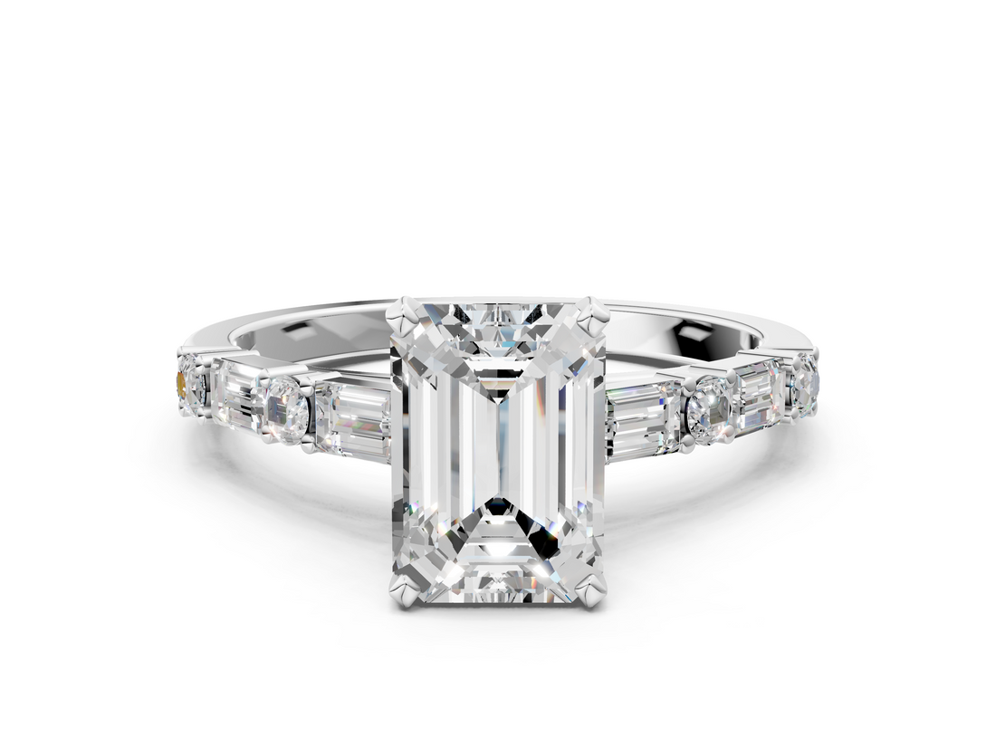 White gold Emerald Solitaire with Side Baguettes and Channel Set Band_114