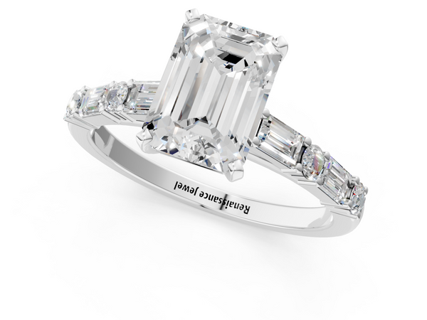 Platinum Emerald Cut Engagement Ring Setting with Baguette Side Stones and Mixed Accent Band