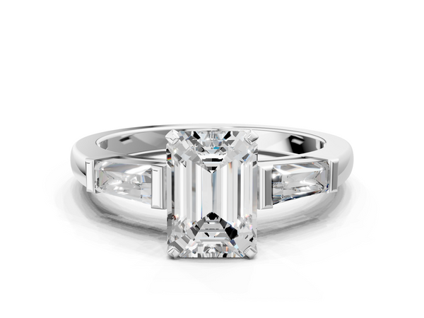 White Gold Emerald Cut Three Stone Engagement Ring Setting with Tapered Baguette Side Stones