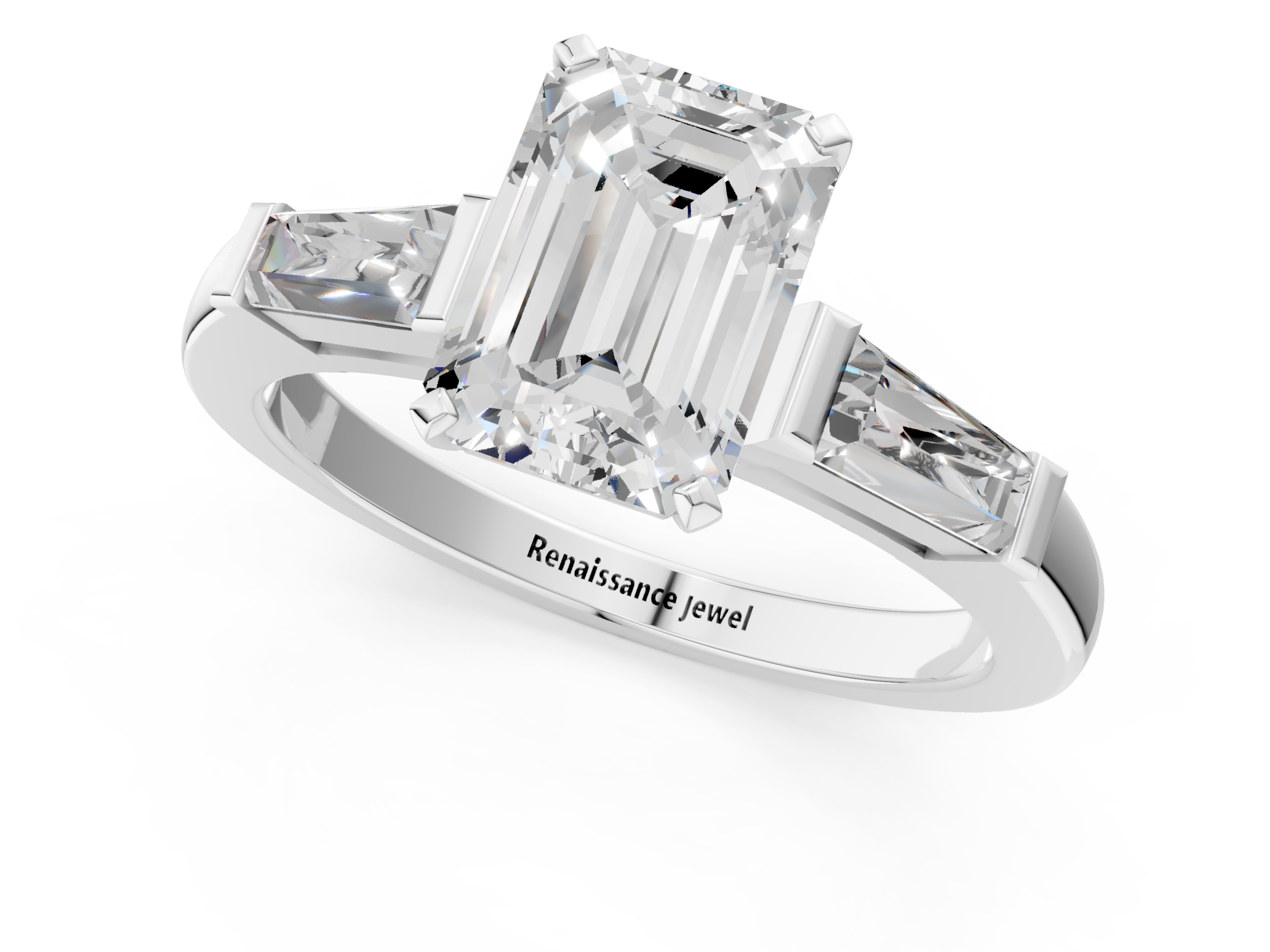 White gold Emerald Solitaire with Tapered Baguette Side Stones on a Classic Band with Four-Prong Setting_222