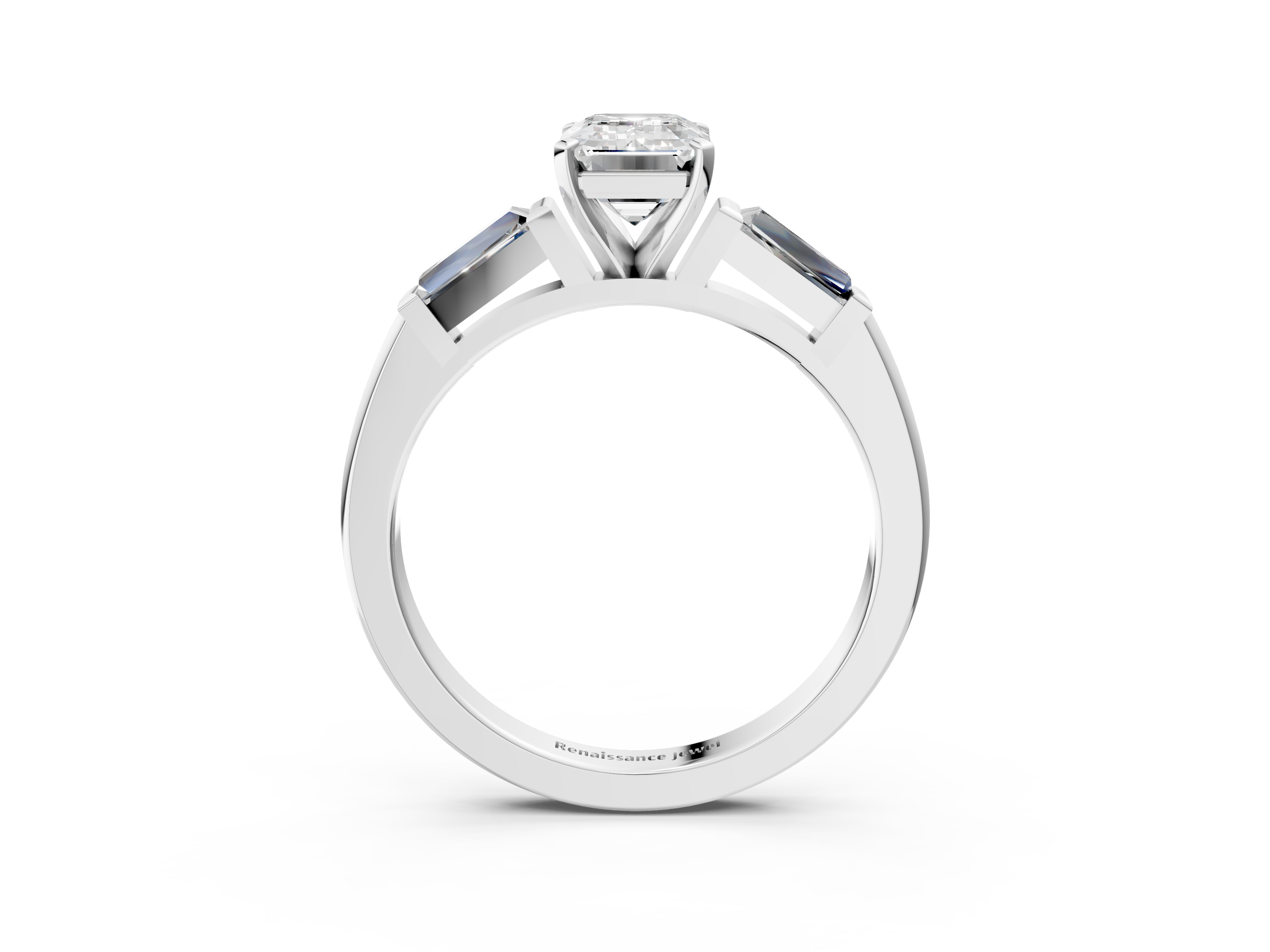 White gold Emerald Solitaire with Tapered Baguette Side Stones on a Classic Band with Four-Prong Setting_224