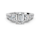 White gold Emerald Three-Stone Diamond Ring with Pavé Band and Four-Prong Setting_6