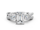 White gold Emerald Three-Stone Diamond Ring with Pavé Split Shank and Four-Prong Setting_120