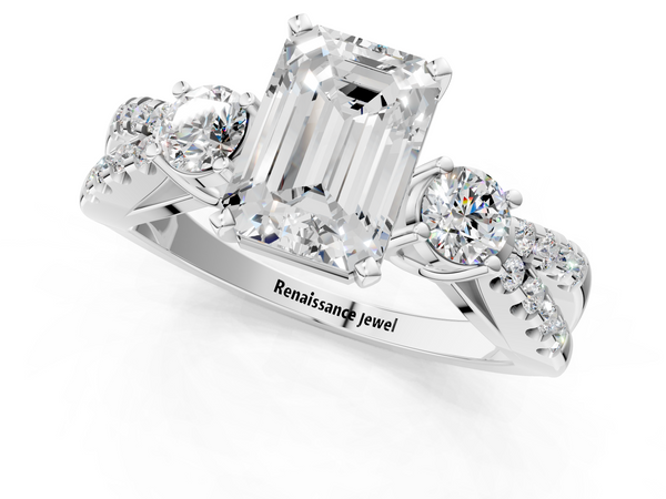 Platinum Emerald Cut Three Stone Engagement Ring Setting with Pave Split Shank